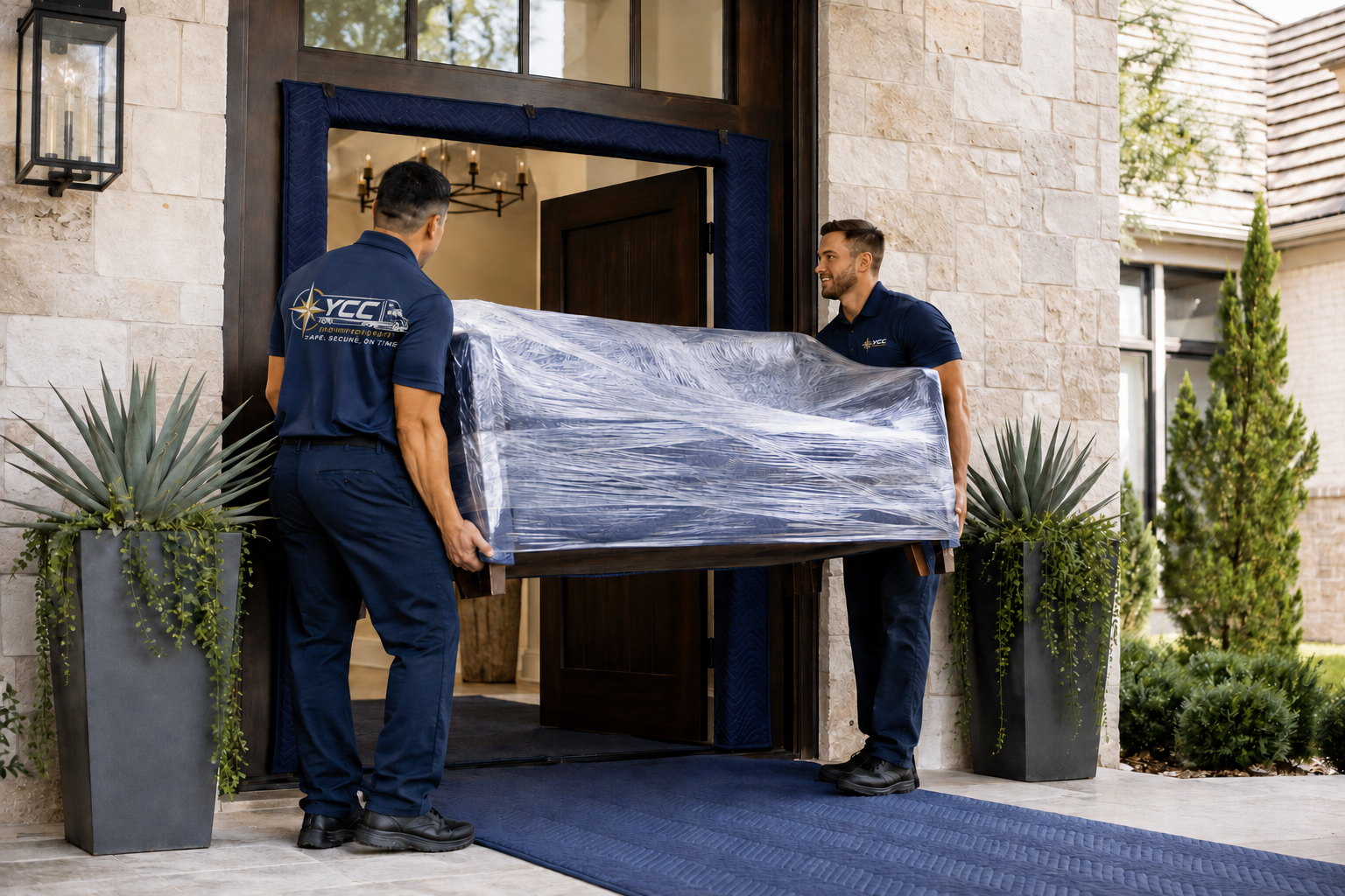 Professional movers carefully carrying wrapped furniture into a home