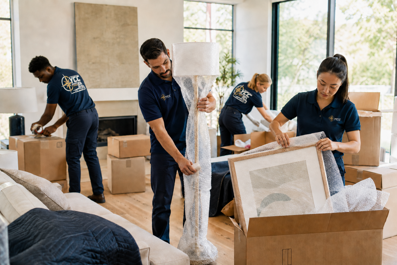 Professional moving crew packing a modern living room
