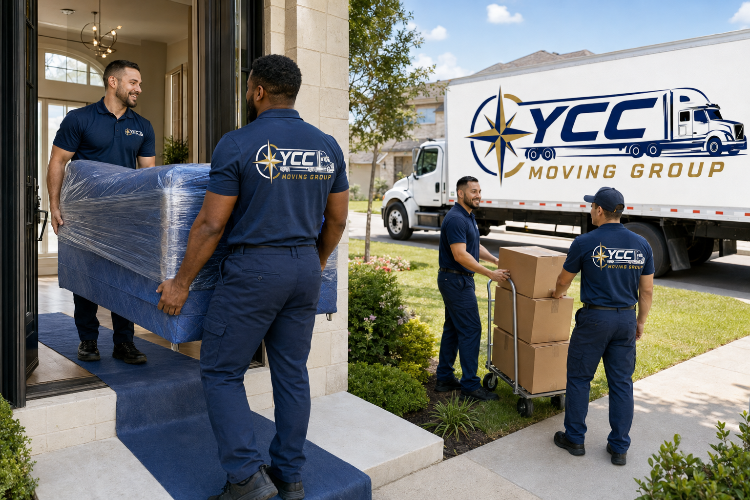 YCC moving crew unloading wrapped furniture and boxes at a new home